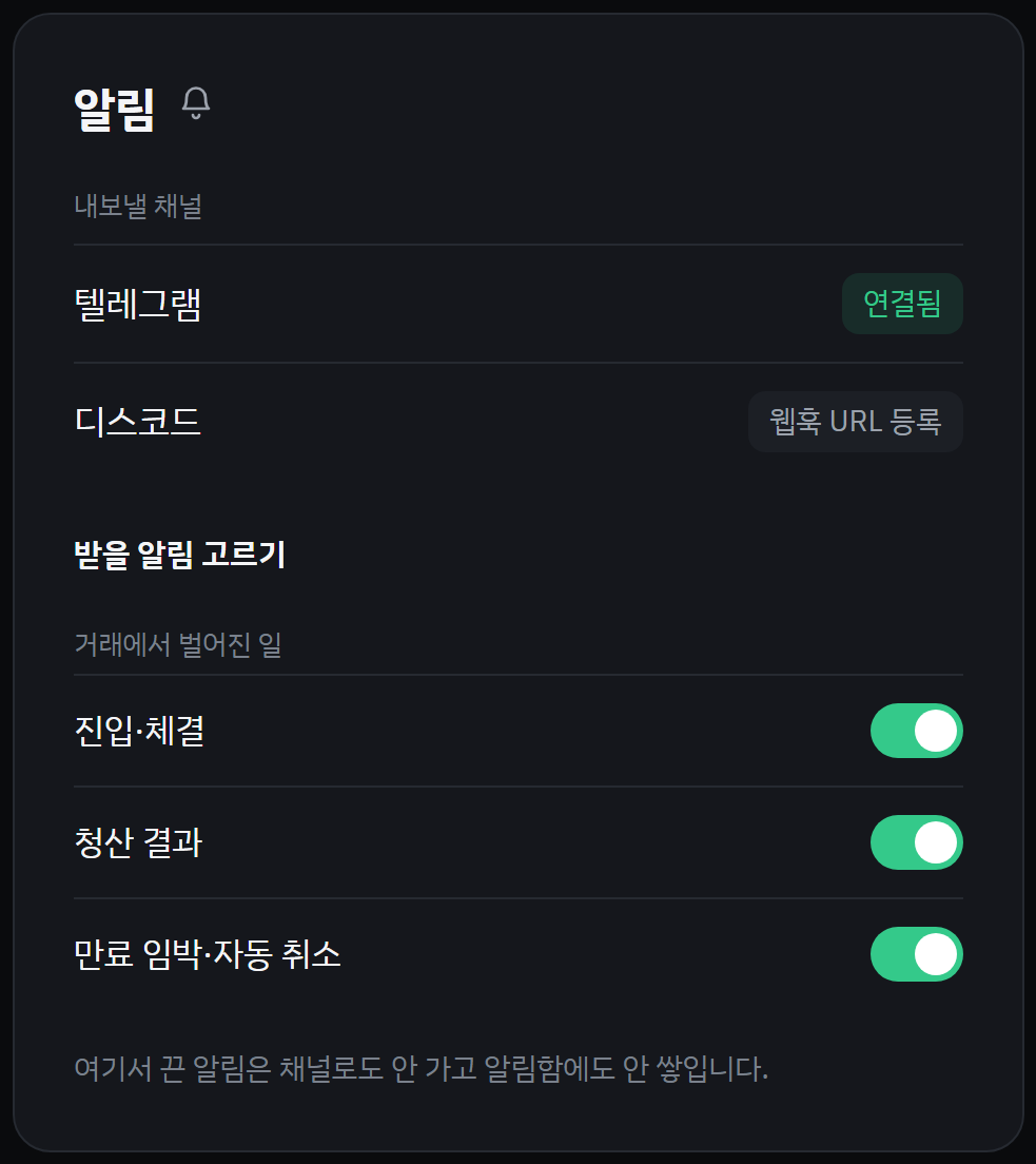예시 화면. 알림 채널과 받을 알림을 고르는 알림 설정 화면