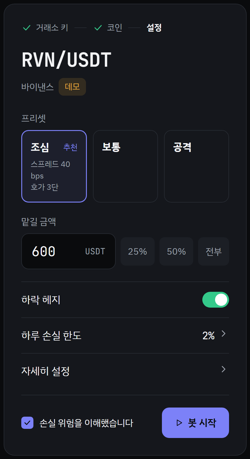 예시 화면. 프리셋과 맡길 금액, 하루 손실 한도를 정하는 봇 설정 화면